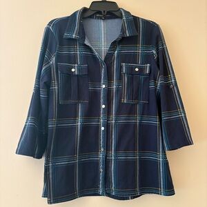 Adrienne Vittadini Navy Plaid Button Down Shirt Tunic L